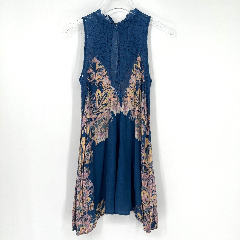 Free People Marsha Dress Womens XS Lace Slip Blue Floral Intimately